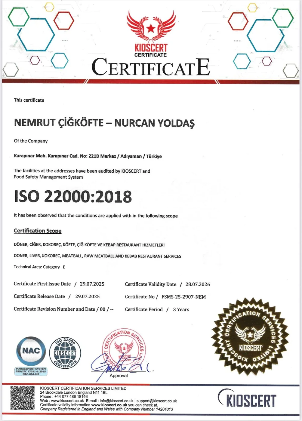 ISO 22000:2018 belgesi