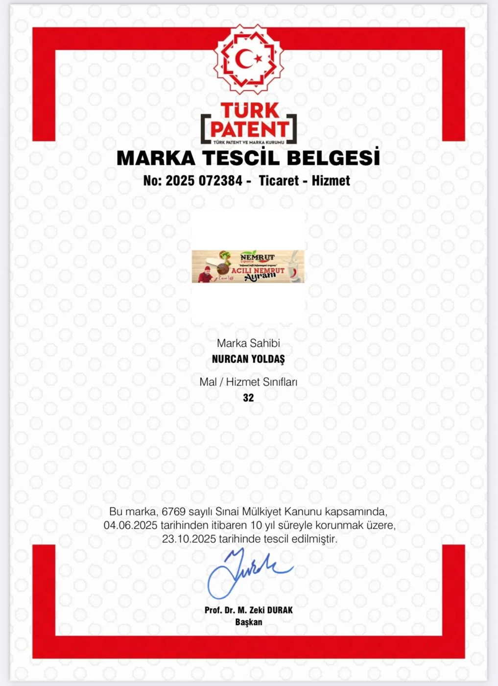 Acılı Nemrut Ayran Tescili belgesi