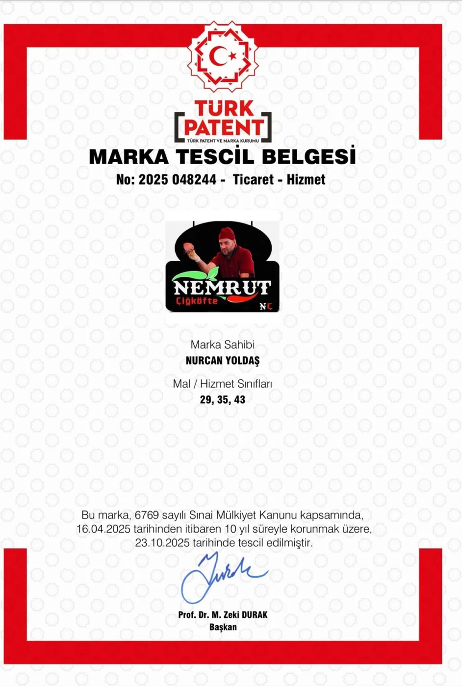 Nemrut Marka Tescili belgesi